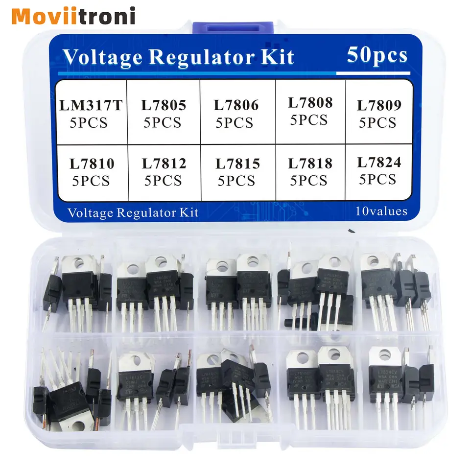 50pcs Voltage Regulator Kit 10 values T0-220 Stabilivolt LM317T L7805 L7806 L7808 L7809 L7810 L7812 L7815 L7818 L7824 image 1