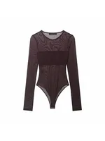 Women Sexy Mesh See Through Bodysuit Women Long Sleeve Sheer Bodysuits O Neck Bodycon Jumpsuit Female Romper - Image 4