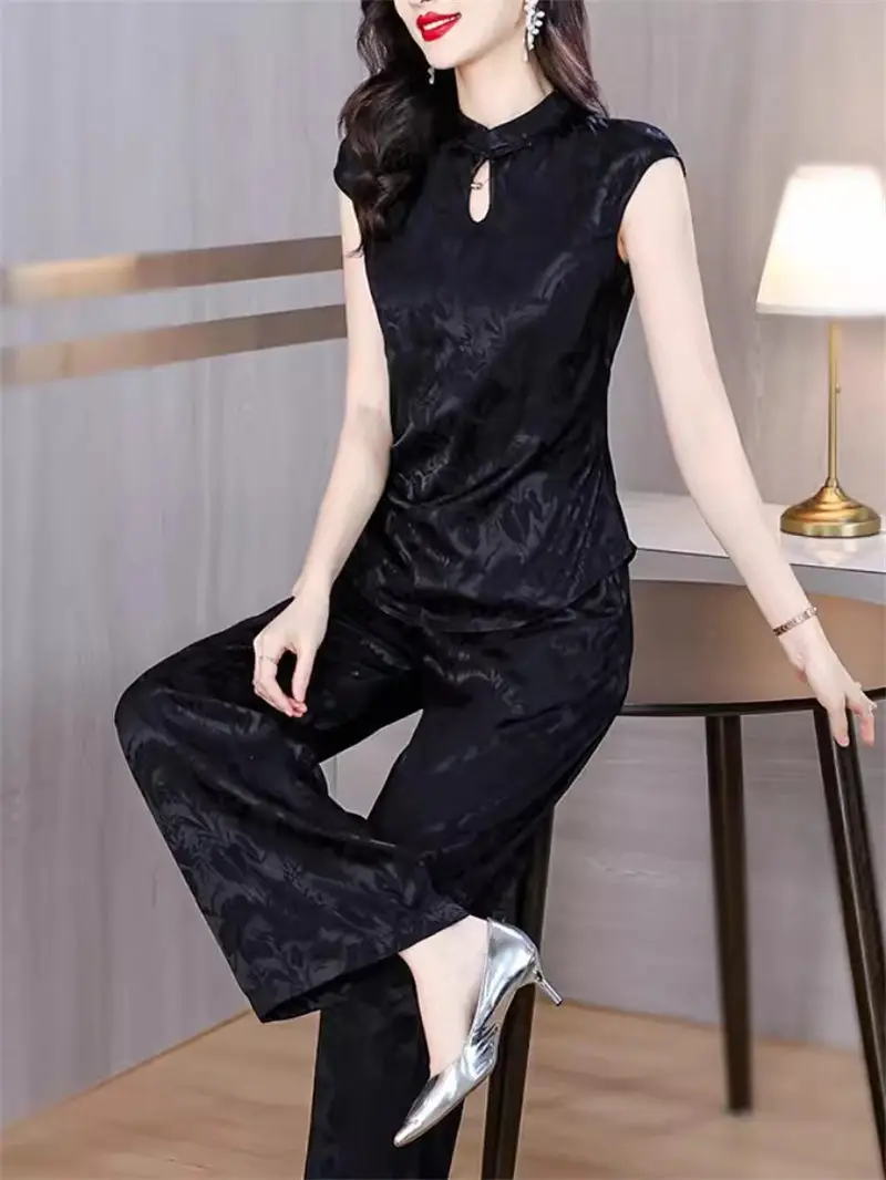 

Chinese Set Women's 2024 Summe Fashion Retro Hollow Plate Button Jacquard Qipao Top+Wide Leg Pants Two Piece Elegant Suit K801