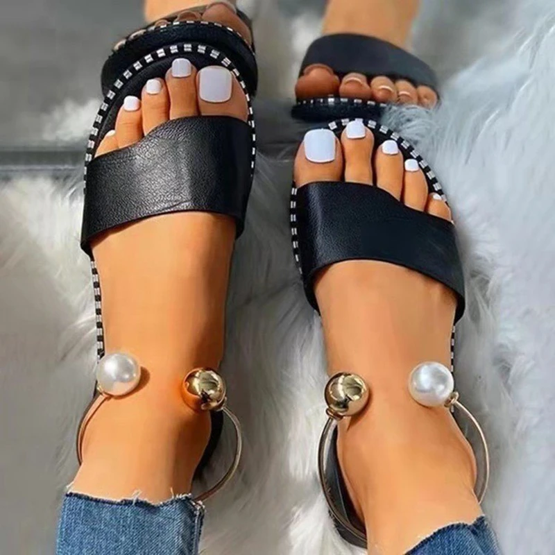 2022 New Summer Women Beaded Pearly Sandals Slippers Shoes Ladies Flats Sandals Flip Flop Casual Flat Slingback Sandals Shoes