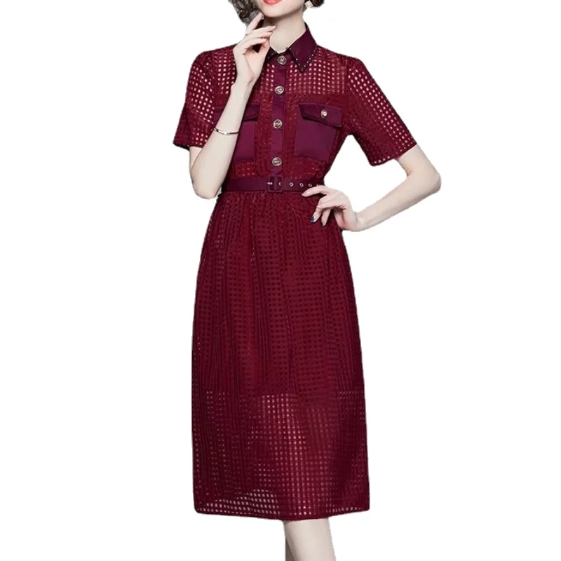 

Vintage Burgundy Lace Dress Women with Belt Summer Hollow Out Elegance Dresses Female Party Beading Clothing Ladies