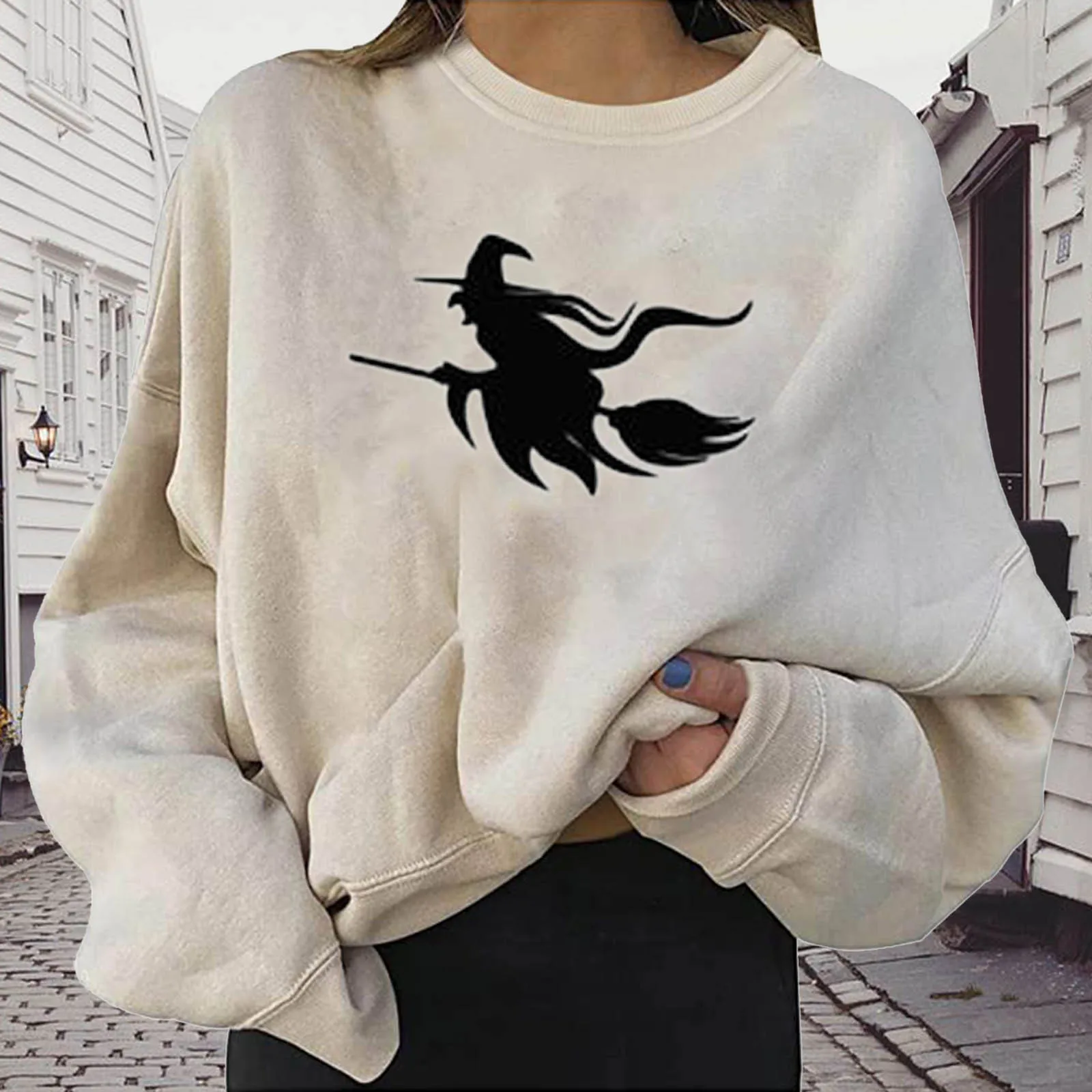 Halloween Women'S Hoodies Solid Witch Print Long Sleeve O-Neck Sweatshirts Female Warm Sweater Kpop Y2k Athletic Pullovers happiness can be found even in the darkest of times sweatshirt wizard sweatshirt witch graphic hoodies women streetwear pullover