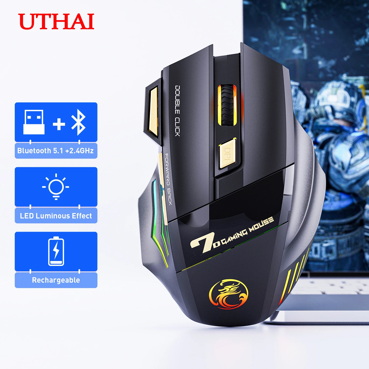 7-key Double Tap Free 2.4G Silent Rechargeable Colorful Breathing Light Wireless Gaming Mouse Laptop Accessories