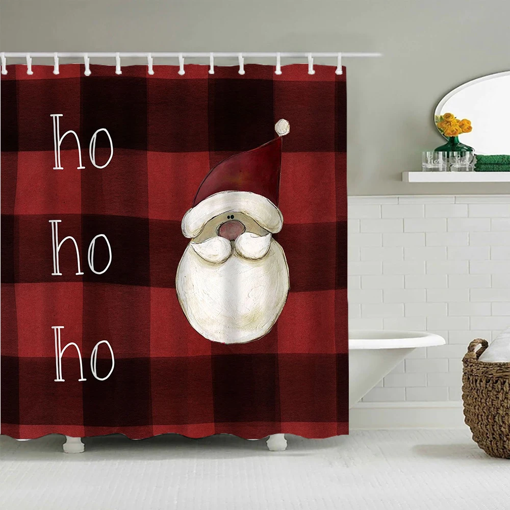 

Buffalo Check Plaid Christmas Shower Curtain Santa Claus Reindeer Snow Winter Decor Waterproof Bathroom Bath Curtain with Hooks