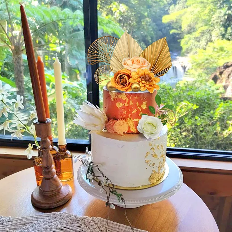 Cake Topper 1Set Golden Palm Leaf Decoration For Birthday Party Cake