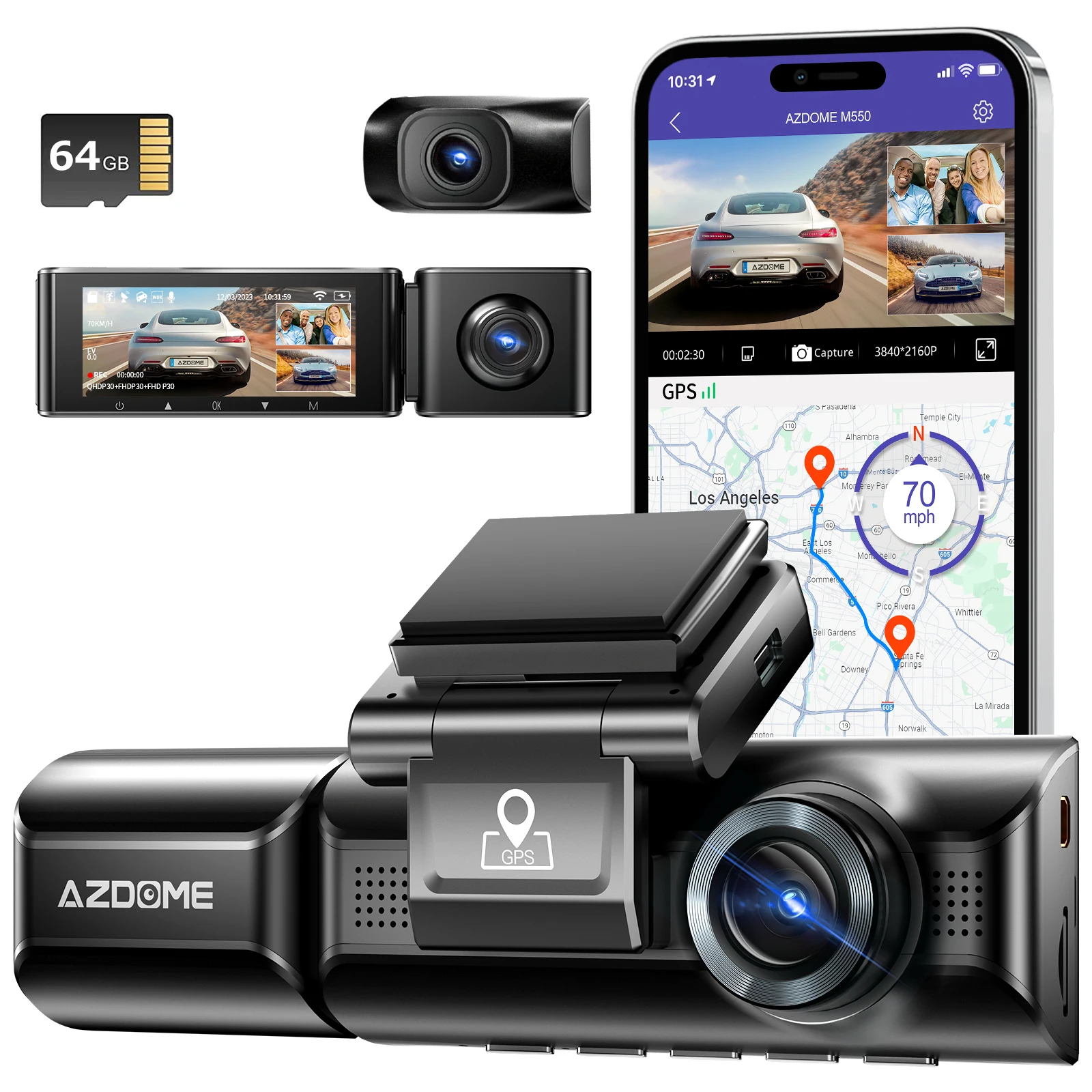 AZDOME M550 caméra de tableau de bord 3 canaux, caméra de tableau de bord avant et arrière à trois voies, double canal 4K + 1080P, avec GPS, WiFi, Vision nocturne IR