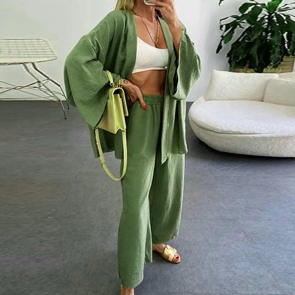 Women Cardigan Pants Set Elegant Two-piece Cardigan Pants Set with Wide Leg Design Deep Crotch Soft Breathable for Women's