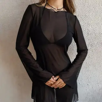 Women's Sexy Sheer Mesh Swimsuit Cover Up Round Neck Long Bell Sleeves Beach Bodycon Mini Dress Summer Bikini Cover-up 1