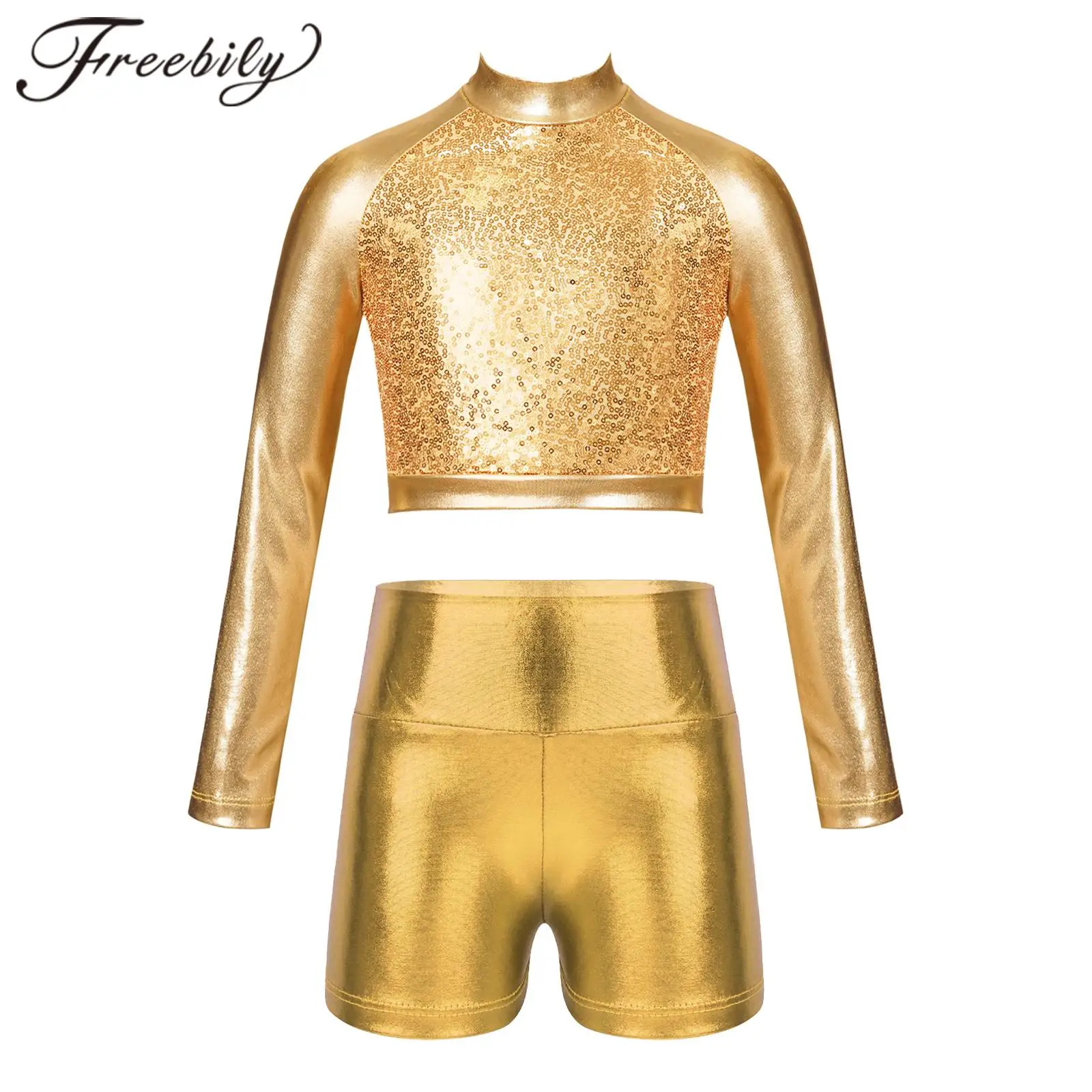 

Kids Girls Glossy Metallic Jazz Dance Costume Long Sleeve Sequins Crop Top Shorts Children Hip Hop Clothes Outfit Dancewear Sets