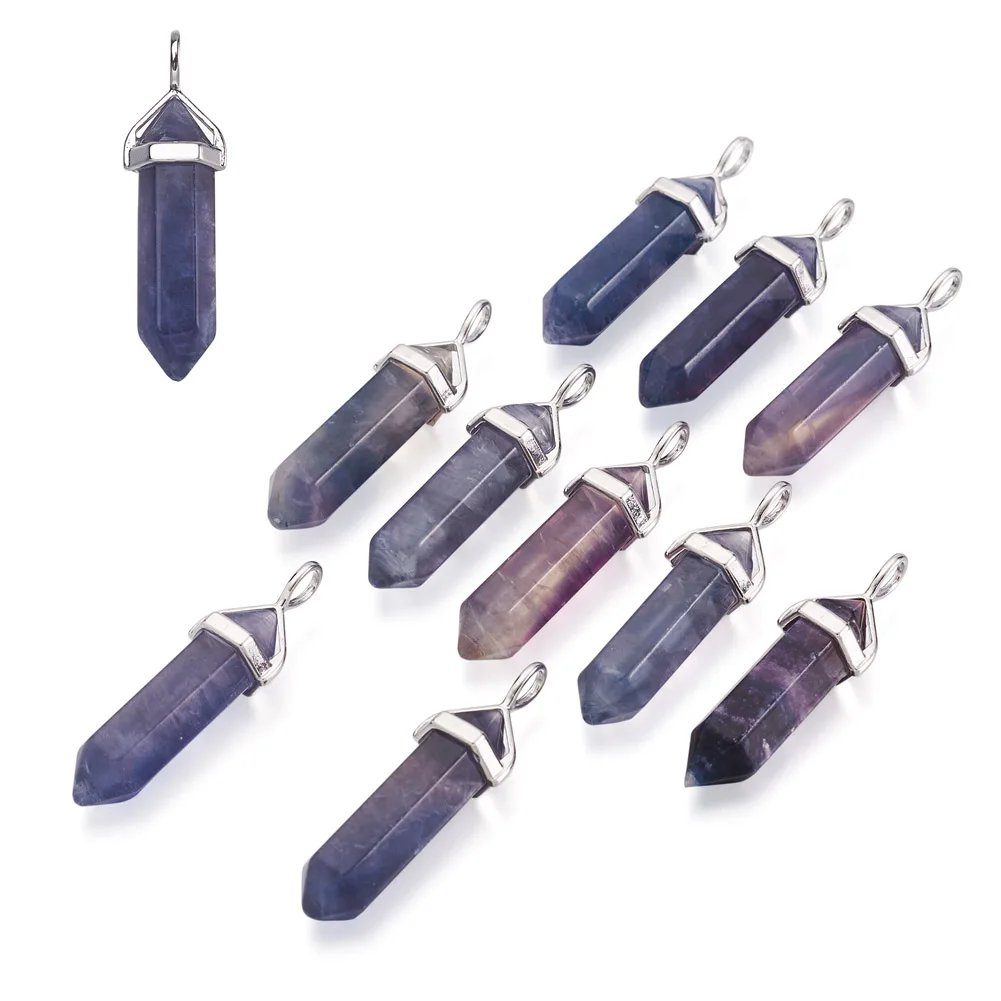10pcs Natural Fluorite Stone Hexagonal Pendulum Reiki Charm Pendants For DIY Jewelry Making Necklaces 39x10x12mm
