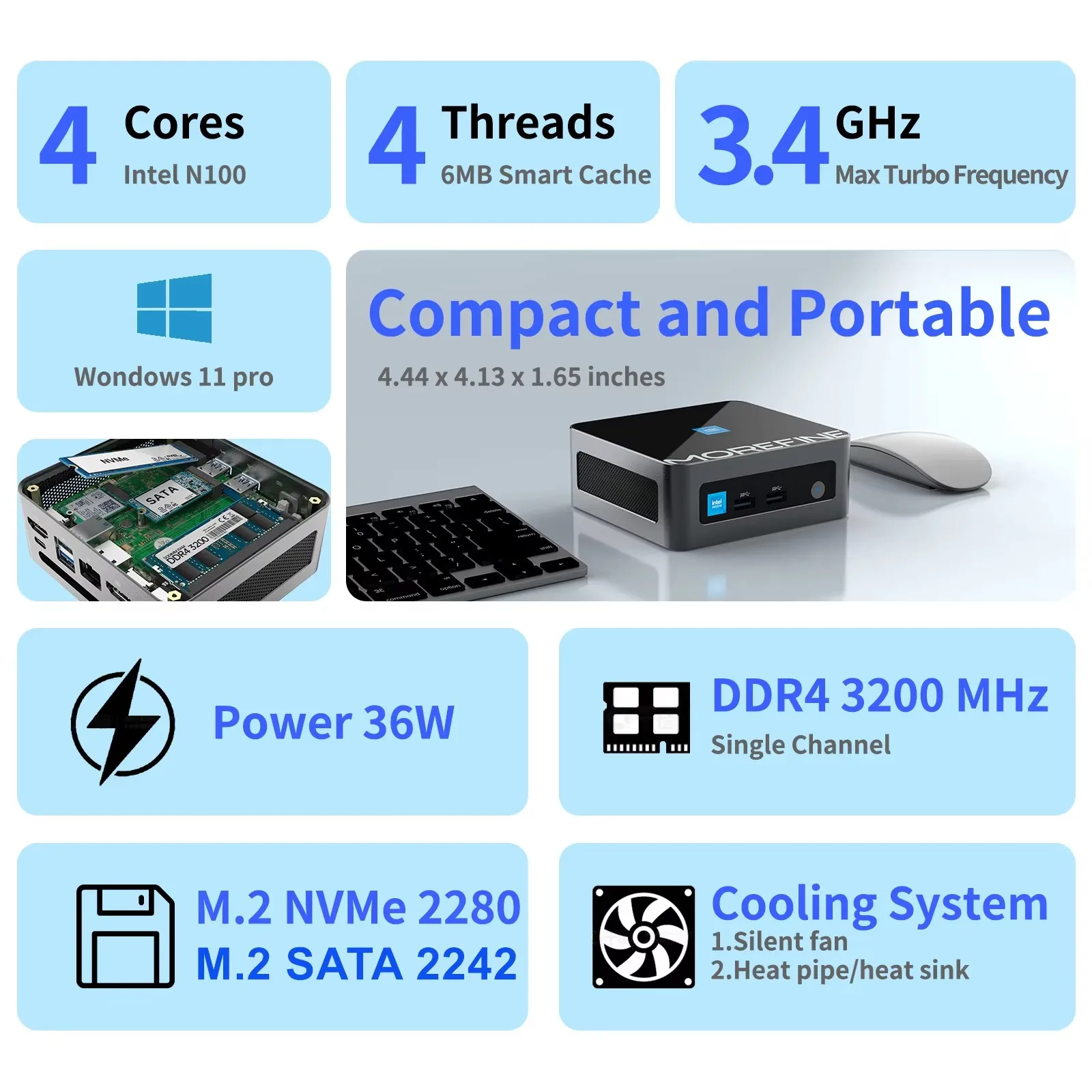Morefine M9 Pro Intel i7 13620H i5 1340P N100 NUC Mini PC DDR4 NVME Dual HDMI2.0 4K@60Hz 4*USB3.2 Portable Mini Computer WiFi6 3