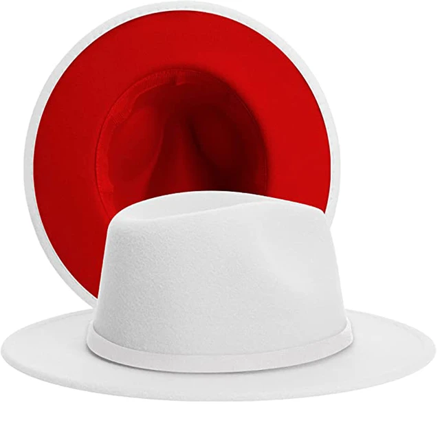 Womens Mens White with Red Fedora Hats with Felt Band Two Tone Wide Brim Felt Jazz Cap Wool Blend