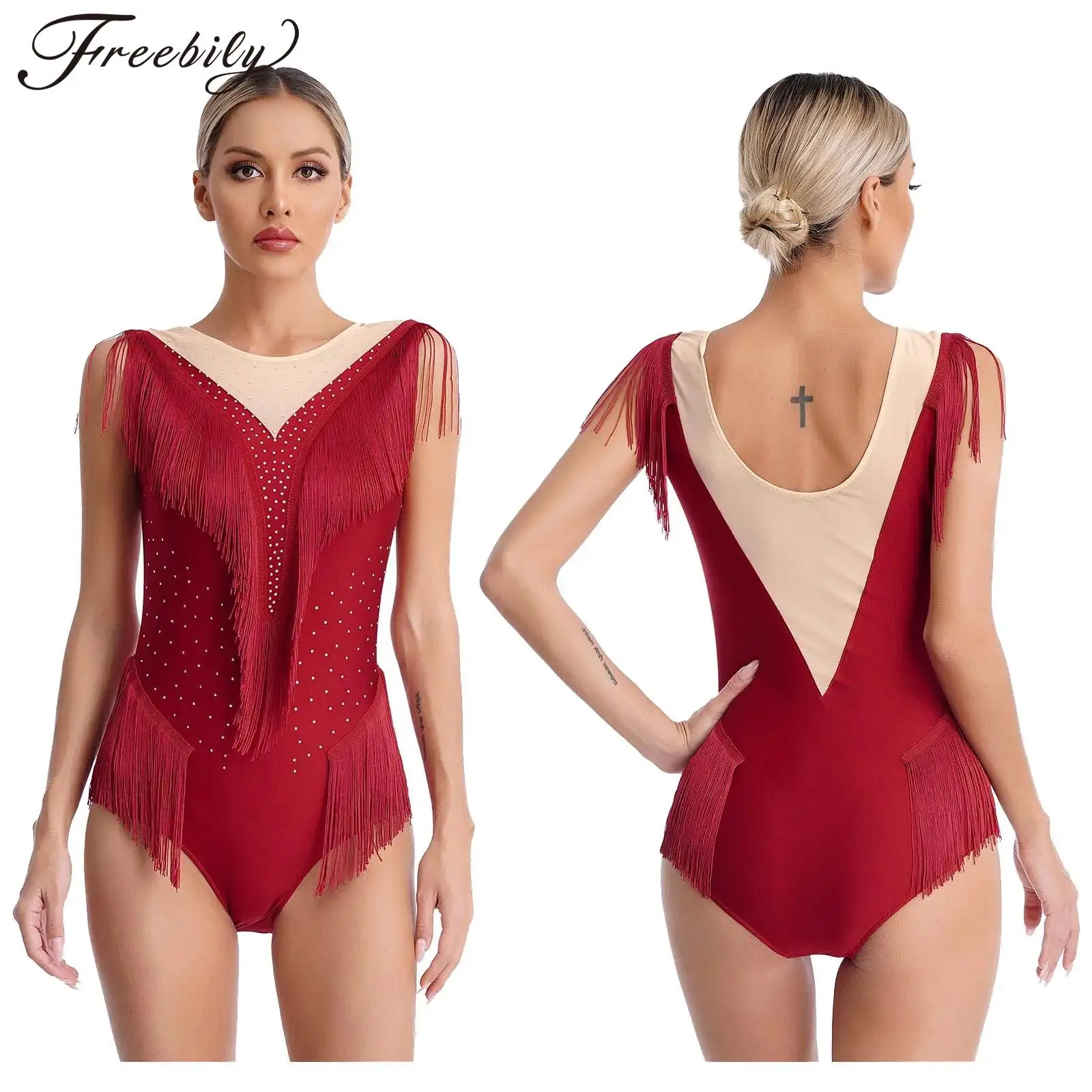 

Womens Ballet Dance Leotard Figure Skating Gymnastics Latin Cha-cha Tango Samba Dancewear Shiny Rhinestone Mesh Tassel Bodysuit