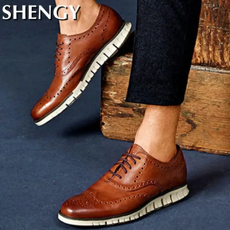 

Men Dress Shoes Carved Falt Casual Shoes Man Leather Soft Bottom Lace Up Male Borgue Shoes Nonslip Outdoor Light Chaussure Homme