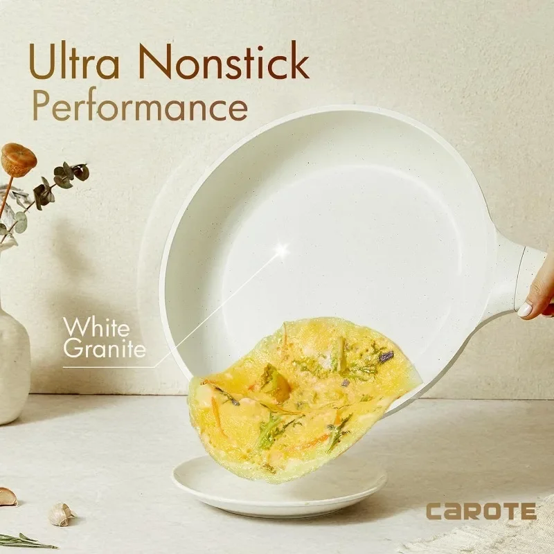 CAROTE Nonstick Pots and Pans Set, White Granite Induction