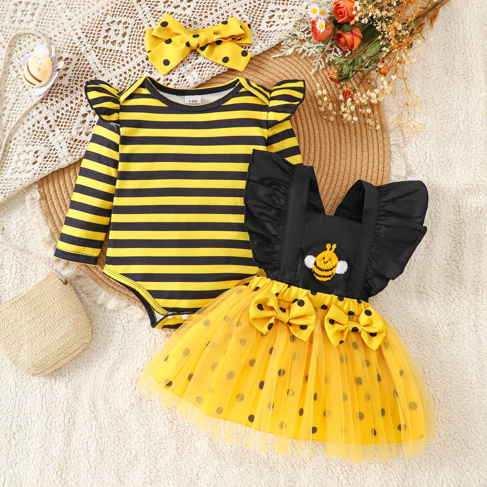 Completo per neonata: Tutina a maniche lunghe a righe, vestito con pettorina e fascia per capelli, set costume da ape per neonati