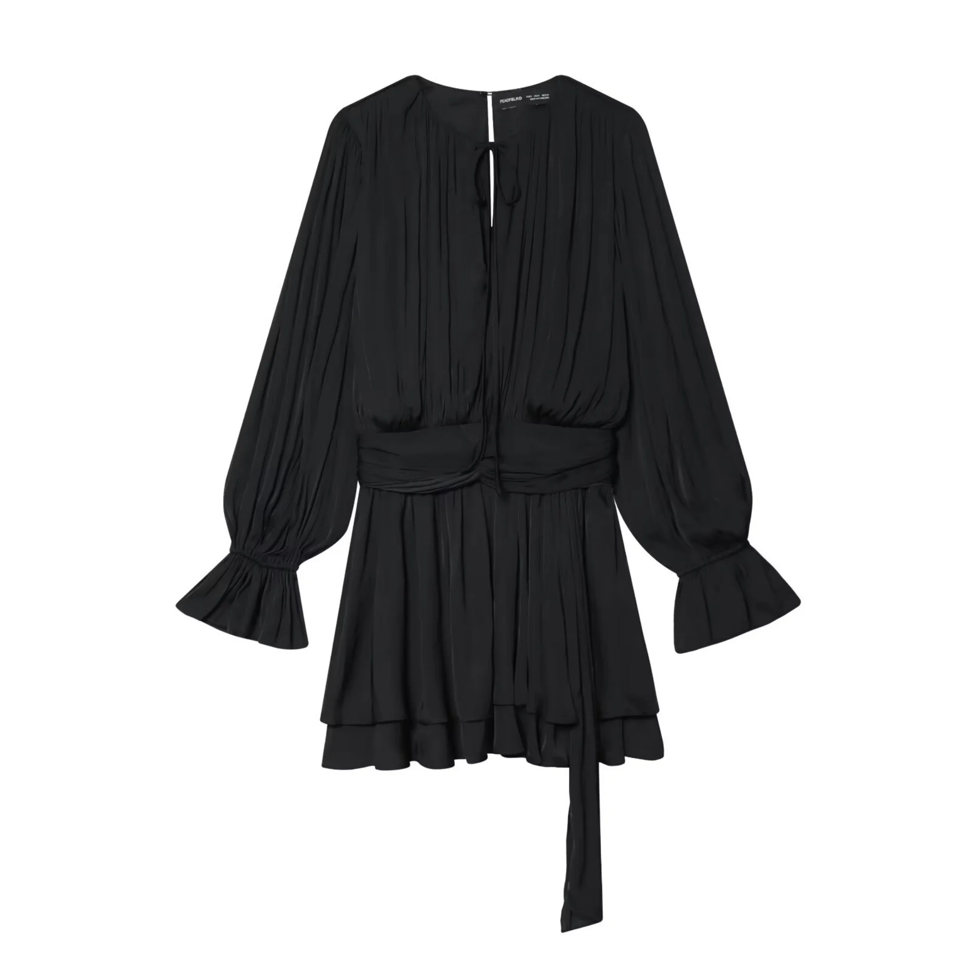 Women Black Elegant Mini Dress Female Flared Full Sleeve Pleated High Waist Ruffle Dresses Spring Autumn Chic Lady Lace Up Dress