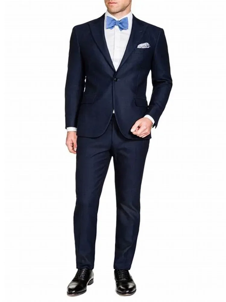 Slim Fit Men's Classic 2-Piece Navy Blue Suit One Button Jacket & Trousers Business Wedding Groom Tuxedos Casaul Men Suits
