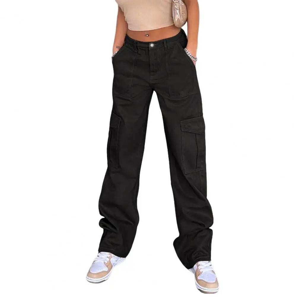 Pantaloni Cargo Donna A Vita Alta, Modello Largo Y2K, Con Tasche, In Morbido Tessuto Elastico, Neri, Stile Streetwear E Hip Hop