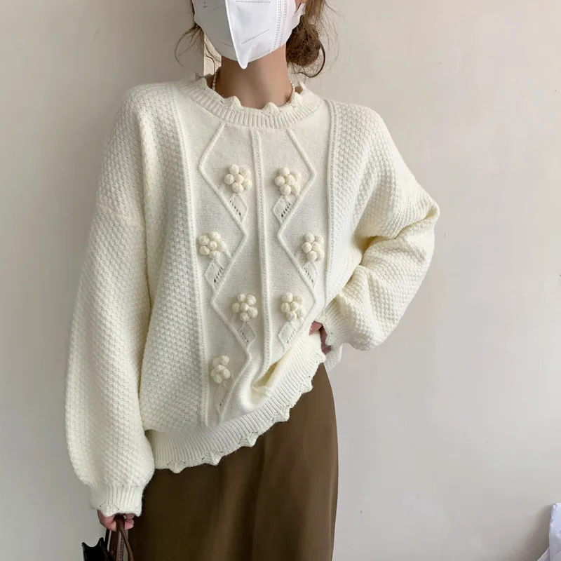 

2022 Autumn Women's Solid Ball Soft Waxy New Handmade Korean Sweater