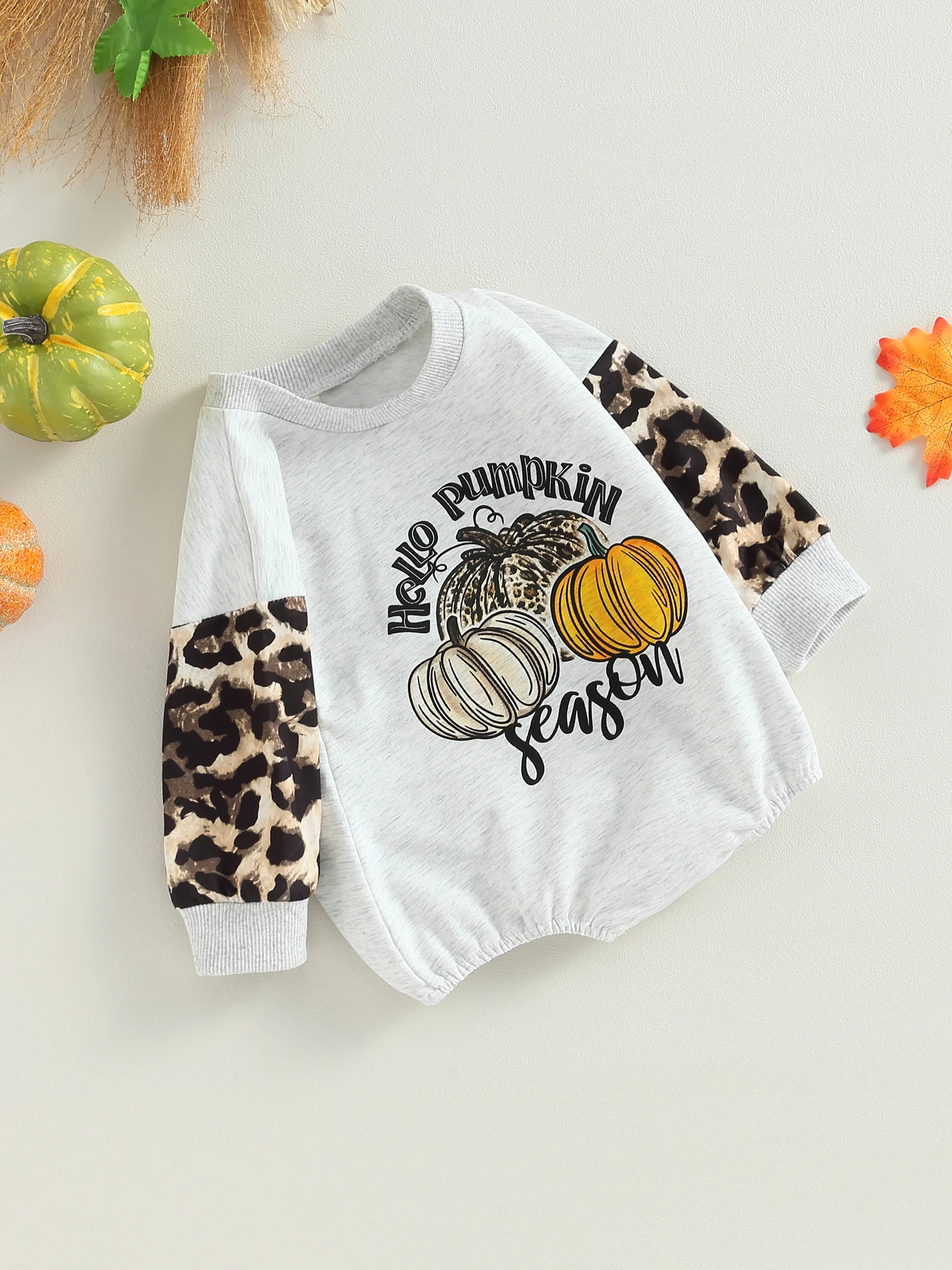 

Toddler Girl Halloween Costume Long Sleeve Pumpkin Print Romper Leopard Pullover Bodysuit Outfit Tops
