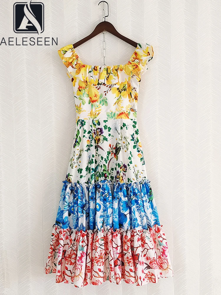 

AELESEEN Sicilian Summer Long Dress Women's Slash Neck Off The Shoulder Yellow Blue Red Flower Print Ruffles Elegant Party