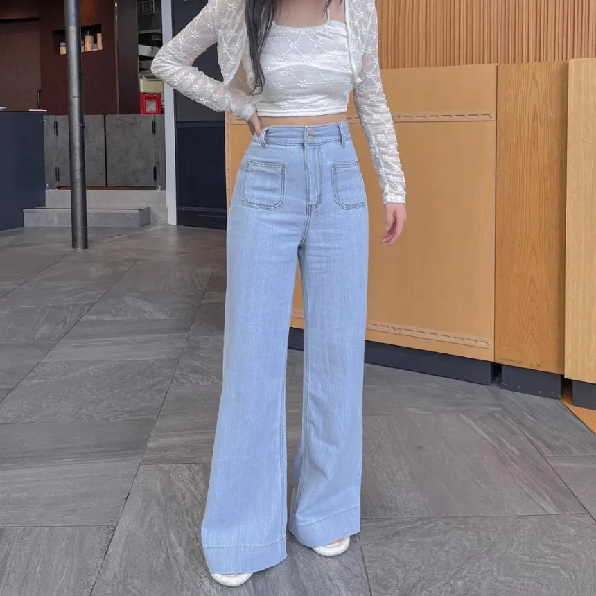 

Light Blue Wide Leg Pants Women Streetwear High Waisted Jeans Ladies Pockets Loose Korean Fashion Y2k Denim Pants Female