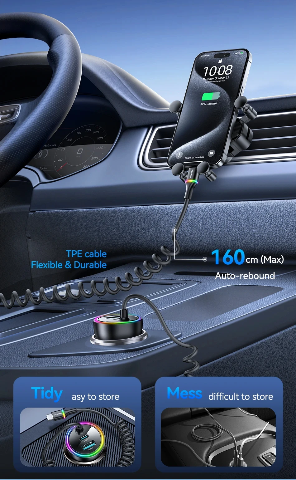 Rocoren 70W Auto-Batterieladegerät USB Typ C mit Spiralkabel Schnelle Ladestation Typ-C Schnelladapter für iPhone 17 16 Xiaomi – Detail 5