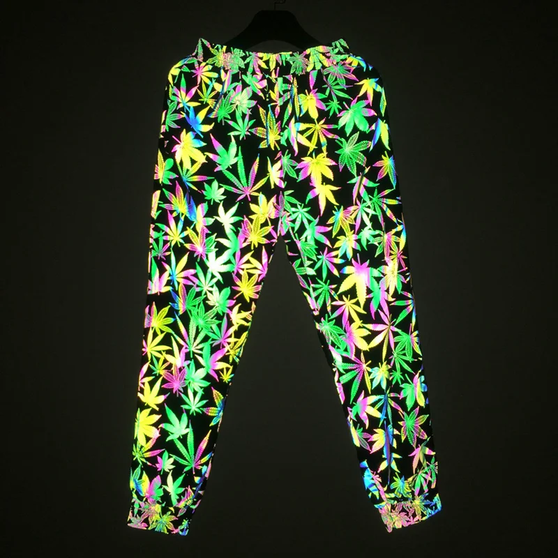 

Harajuku Colorful Leaf Hip Hop Men Reflective Pants Night Reflect Light Casual Sporting Women Jogging Clothing Techwear Trousers