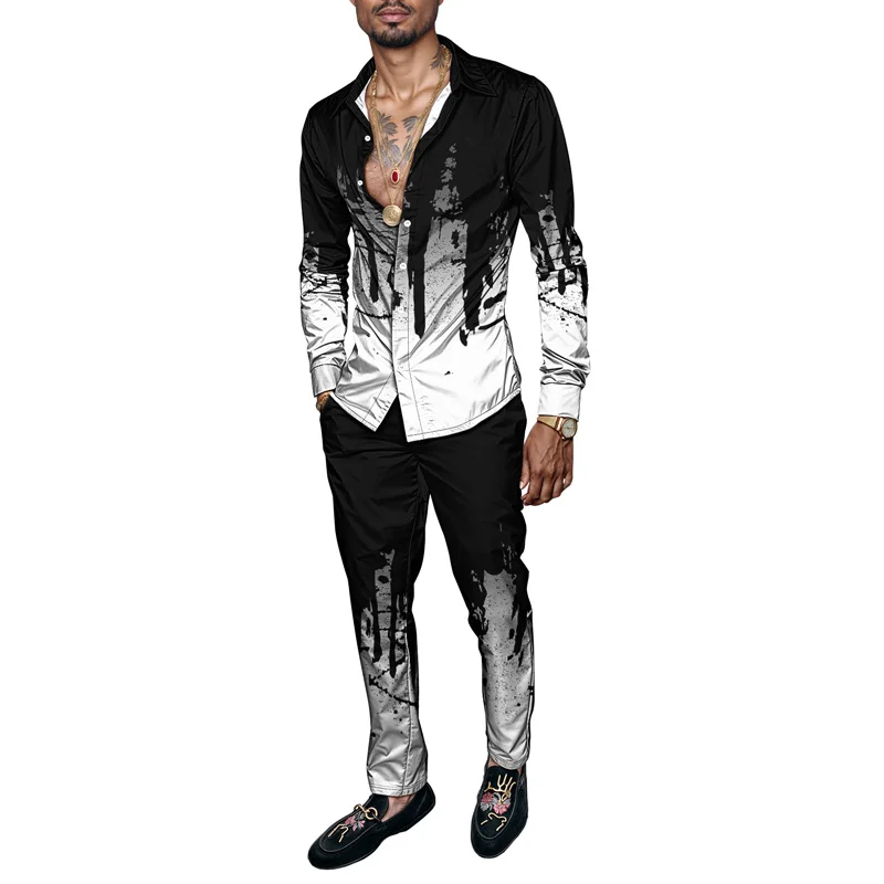 2025 New Arrival Men Shirt Set Geometry Print Summer Fashion Simple Two Piece Set Mens Gradient Lightweight Party Long Sleeves_voghion.com