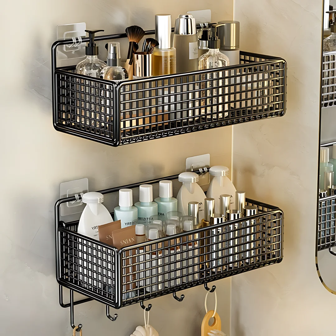 Multifuncional Rack de armazenamento para banheiro e cozinha, No-Punch Toiletries Organizer, Wall Mount Shelf