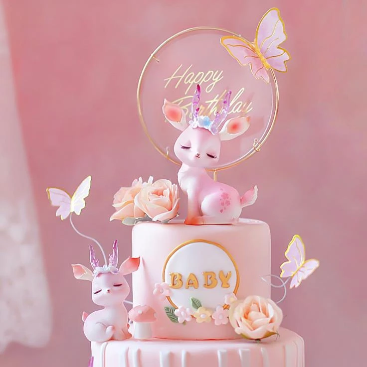 Birthday Party Supplies Happy Birthday Acrylic Cake Topper Artificial Silk Flowers Head Baby Shower Party Decoration DIY Gift Rose Baking Supplies 1Set