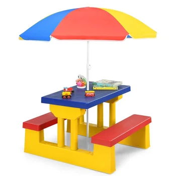 Set tavolo da picnic per bambini con ombrellone rimovibile per patio da giardino interno ed esterno 1