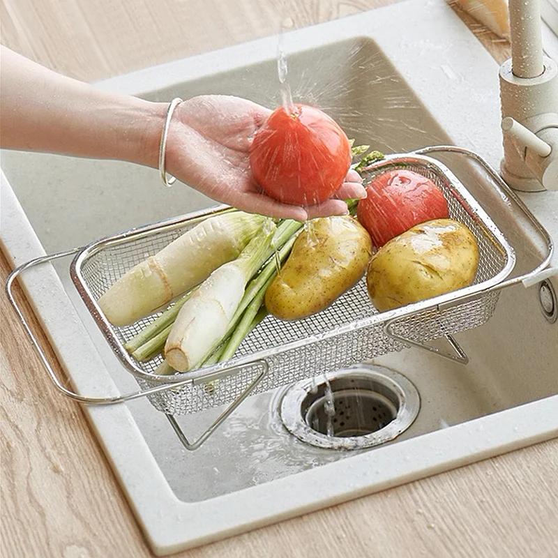Drain Basket Stainless Steel Vegetable Basket Retractable Kitchen For Washing Vegetables Fruits Dishes Draining Pasta collapsible colander