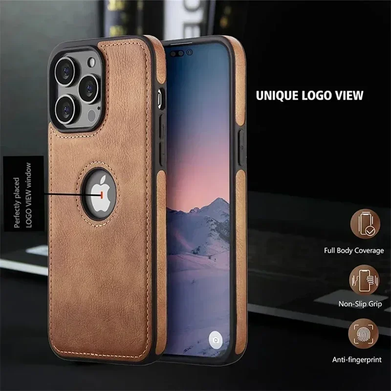 Premium Business Leather Phone Case - Slim & Stylish with Logo Cutout