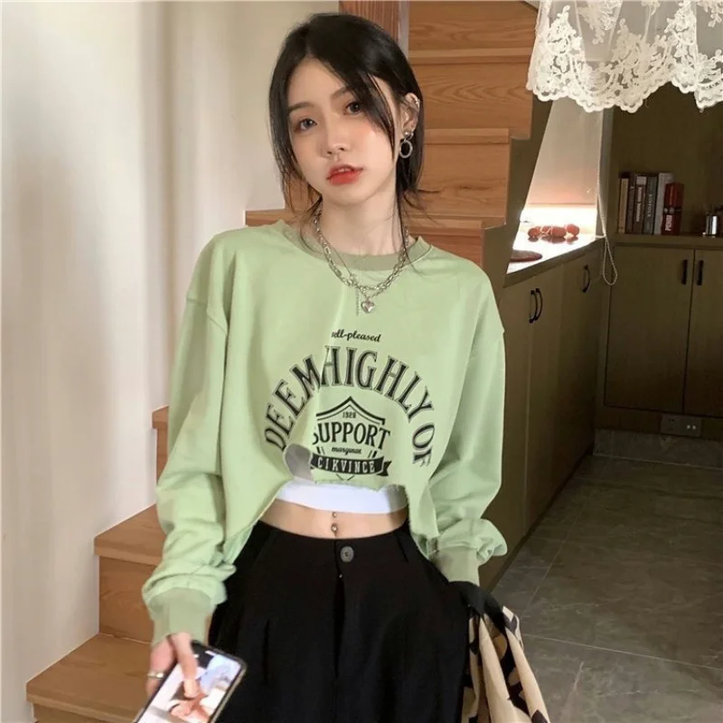 Letter Print Short Sweater Loose Color Matching Y2k Aesthetic Crewneck Sweatshirt 2023 New Pullovers Gothic Two Piece Set