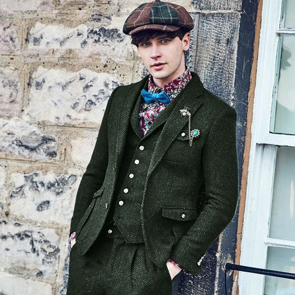 Suits for Men Army Green Wool Tweed Herringbone Business 3 Pieces Blazer Pants Vest Groom Costumes Vintage Wedding Suit 2022