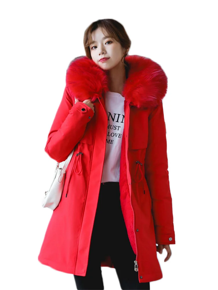 

Red Parka Coat Women -30 Degrees Thick Winter Jackets 2022 New Inside Add Velvet Warmth Fur Hooded Down Cotton Clothing Feminine