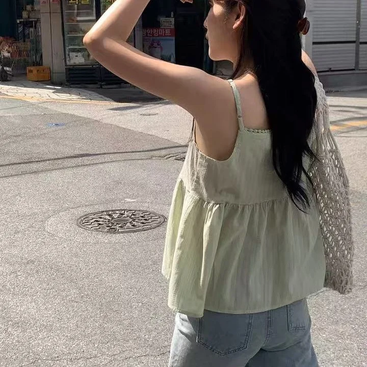 Cute Ruffle Patchwork f Open Collar Tee Button Strap Vest Spring Summer Faion Ladies' Tank Top Polyester Fiber 00%