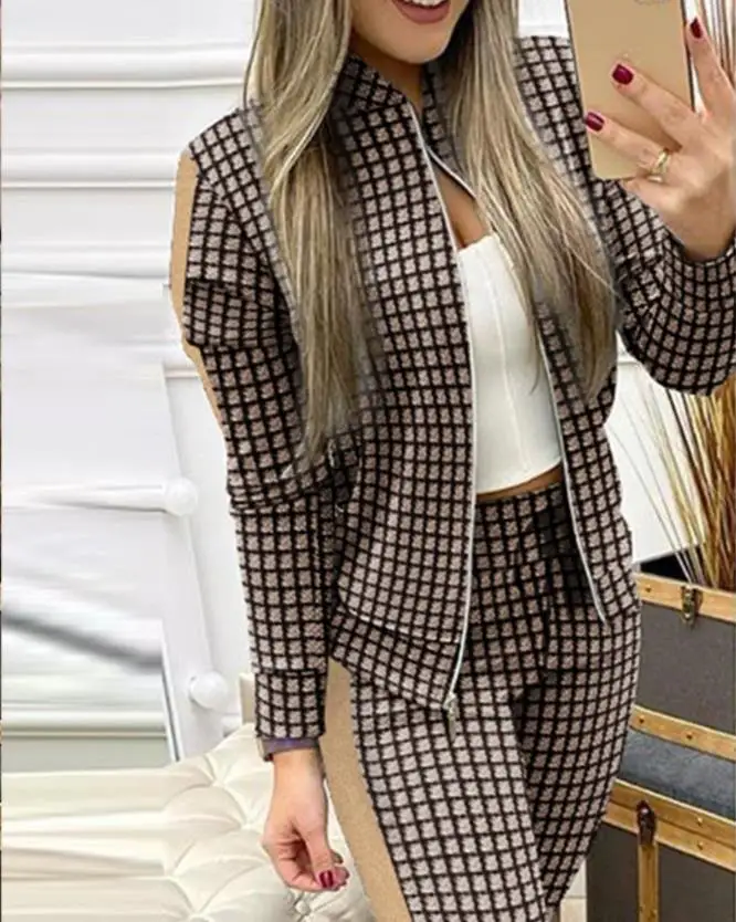 Suit Winter Spring Casual Tracksuit 2 Pieces Set Sports Sweatshirts  Plaid Print Zip Up Jacket Drawstring Pants Set
