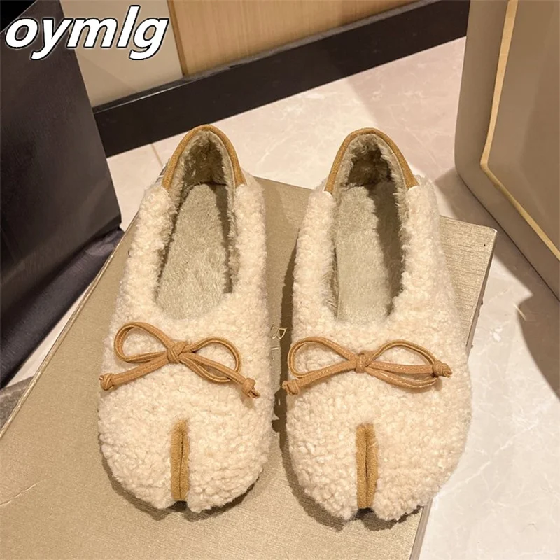 2023 Autumn and Winter New Bow Knot Plush Shoes for Women's Shallow Mouth Plush Double Wear Flat Bottom Plush Warm Cotton Shoes