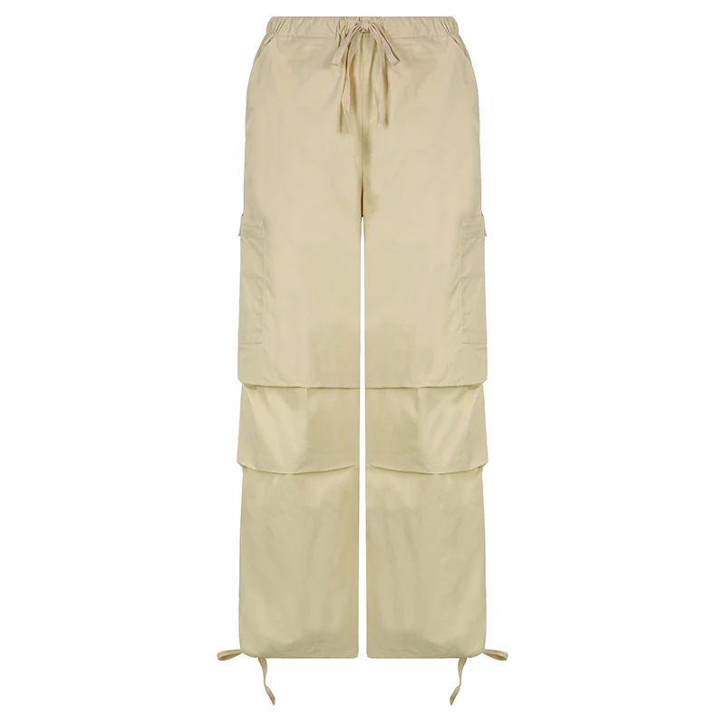 Weekeep Light Khaki Cargo Pants Streetwear 100% Cotton Big Pocket Patchwork Casual Pants Drawstring Low Waist Baggy Trouser Lady