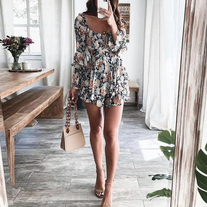 

Casual Party Floral Print Lace-Up Playsuit Ladies Fashion Backless Ruffle Shorts Jumpsuit Sexy Summer 2023 New Slim Women Romper