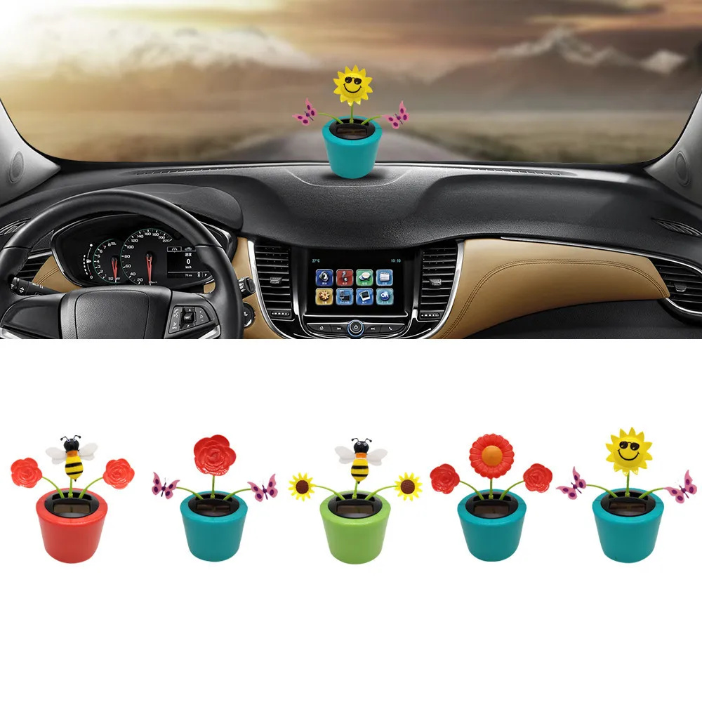 Children Solar Toys Cute Flower Butterfly Bee Swinging Doll Solar Car Ornament Creative Cartoon Flower Car Decoration