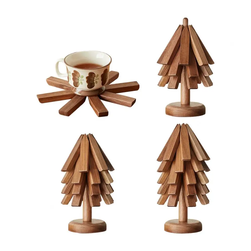 Sottopentola In Legno A Forma Di Albero – Set Da 5 Pezzi + Supporto – Sottopentola Per Piatti Caldi, Pentole E Tazze – Decorazione Rustica