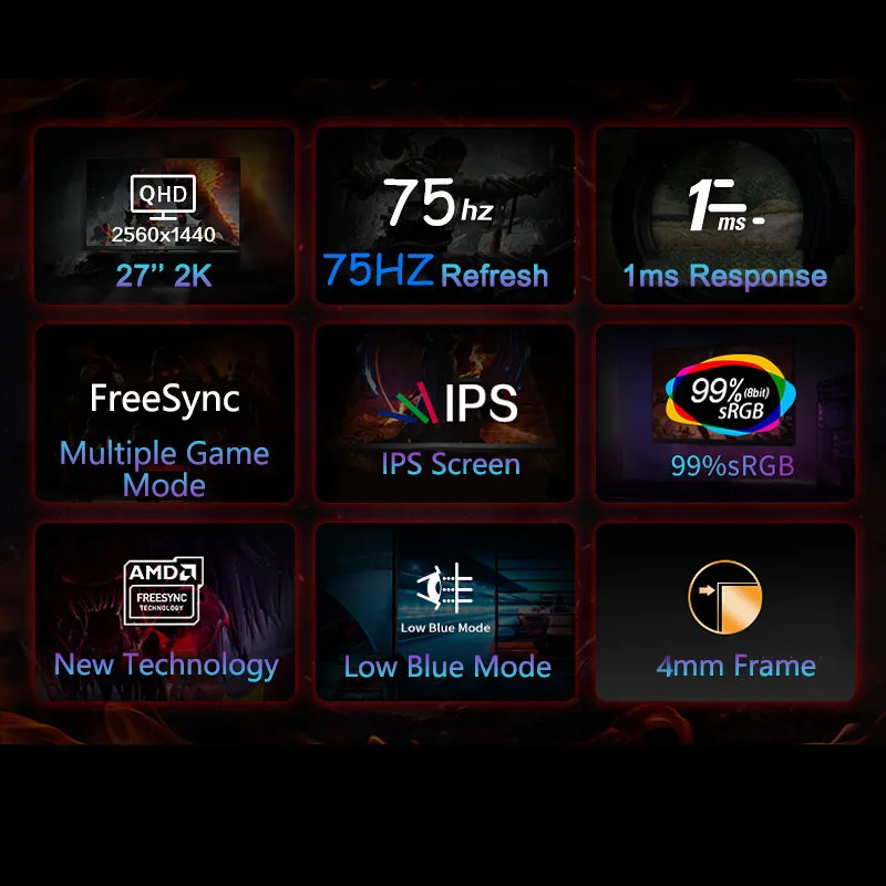 FYHXele-27 ġ 2K QHD 75Hz ӿ  ǻ, 1ms  ȭ IPS г ũž LCD ÷ 16:9 