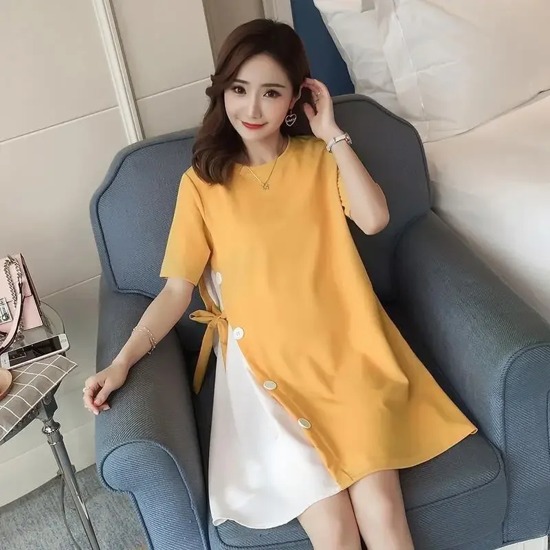 임산부용 세련된 반팔 드레스, 산뜻한 트렌디 2023 출산 티셔츠 스커트, 편안한 출산 의류, 여름