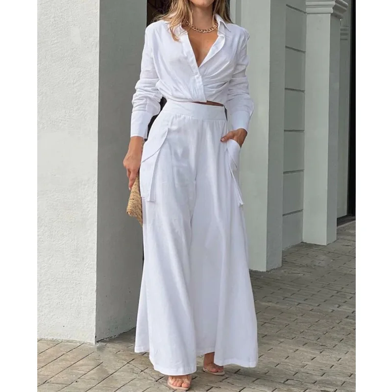 Casual Loose Suits Work Streetwear Y2k 2022 OutfitsTwo Piece Set Women Vintage Boho Print Shirt Commuter Wide Leg Pants Summer