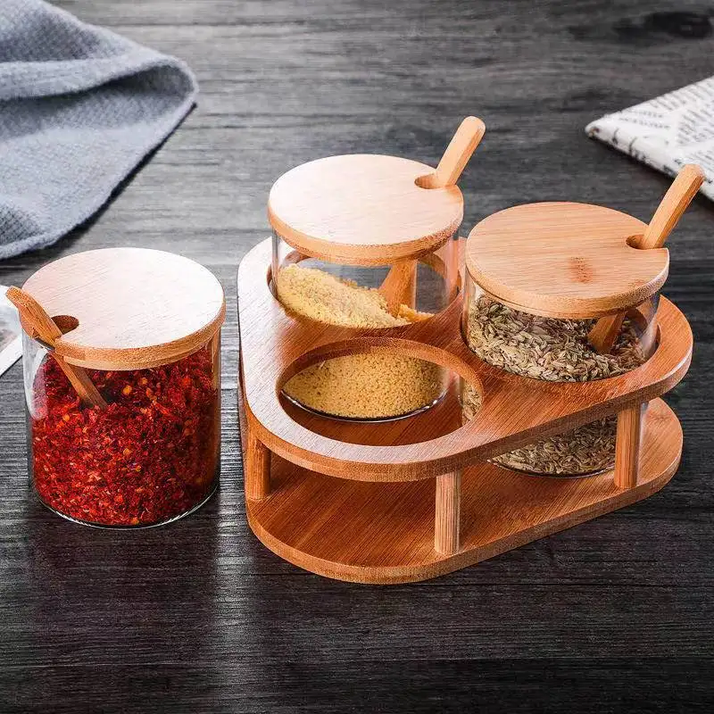 Glass Seasoning Jar Salt Shaker 3 Piece Set with Bamboo Spoon Cover Kitchen Supplies Wooden Tray