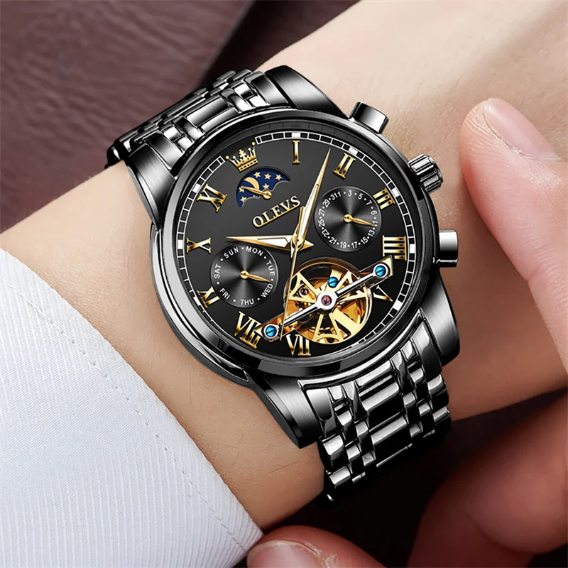 

OLEVS Tourbillon Automatic Watch Men Top Brand Luxury Full Black Steel Sport Mechanical Watch Fashion Waterproof Men Watches